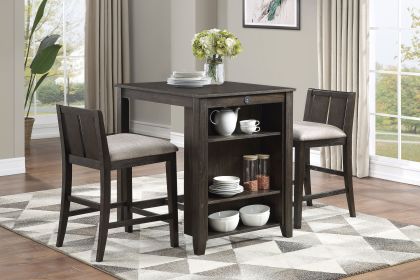 Transitional Design Dark Cherry Finish 3-piece Pack Counter Height Set Table w Display Shelf USB ports and 2x Counter Height Chairs Fabric Uphols
