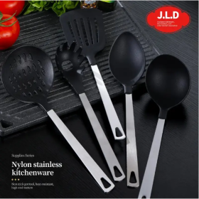 Cooking Utensil Set Premium 5 Piece Kitchen Utensil Set - Stainless Steel Handle And Nylon Faucet, Non-Stick, Heat Resistant, For Home, Kitchen G (Color: black)